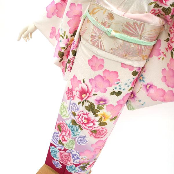 訪問着 着物 正絹 銀通し オフホワイト 牡丹 バラ 桜 花柄 フォーマル 新古品 仕立て上がり 身丈167.5 裄68 Ｌサイズ みやがわ hm0047 訪問着 着物 正絹 銀通し オフホワイト 牡丹 バラ 桜 花柄 フォーマル