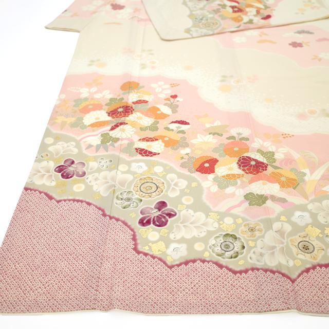訪問着 着物 袷 JAPAN STYLE クリームベージュ 雲取り 草花模様 洗える着物 新古品 仕立て上がり 身丈167 裄68.5 Ｌサイズ みやがわ hm0065 訪問着 着物 袷 JAPAN STYLE クリームベージュ 雲取り 草花模様 洗える