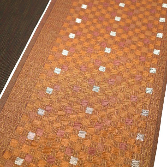 すごい値！袋帯 正絹 金銀糸 オレンジブラウン 茶色 市松 カジュアル 春 秋 冬 中古 仕立て上がり リサイクル みやがわ neb00375 すごい値！袋帯 正絹 金銀糸 オレンジブラウン 茶色 市松 カジュアル