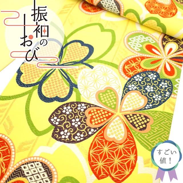 すごい値！袋帯 振袖用 京都 西陣 正絹 金糸 レモンイエロー 緑 花 六  