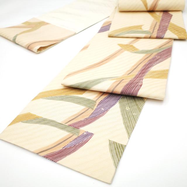 すごい値！袋帯 正絹 上質 長尺 全通 金糸 クリーム色 桜 熨斗 美品  