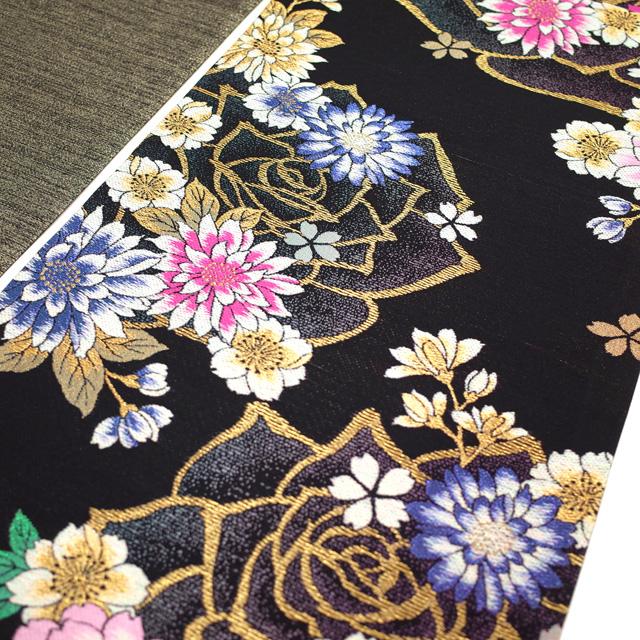 すごい値！袋帯 振袖用 京都 西陣 正絹 黒 青 ピンク 薔薇 バラ 花 金糸 六通柄 フォーマル 成人式 新品 仕立て上がり みやがわ neb00642 すごい値！袋帯 振袖用 京都 西陣 正絹 黒 青 ピンク 薔薇 バラ 花