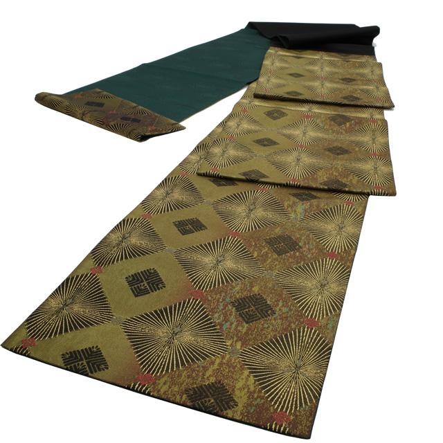 すごい値！袋帯 草野一騎 正絹 金色地 ゴールド 赤茶 黒 菱 松 松菱  