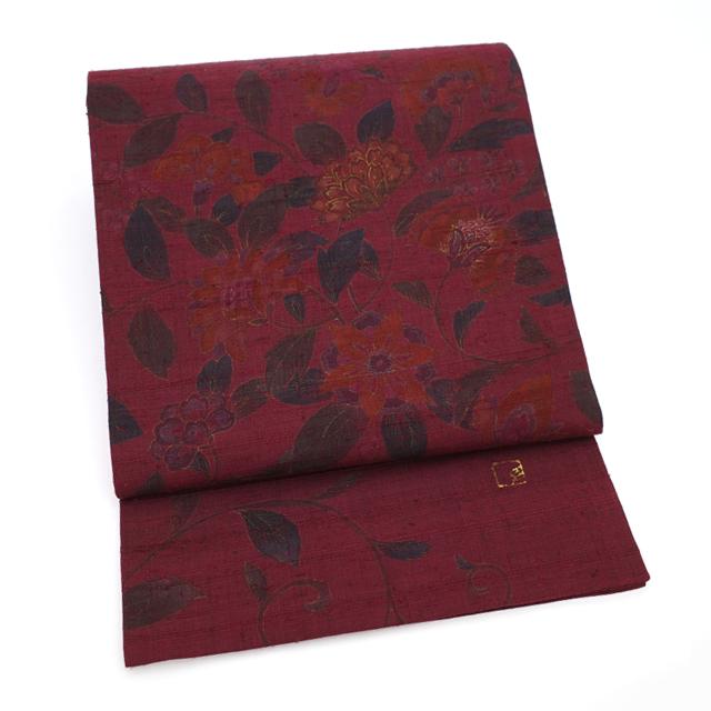 正絹 袋帯 太鼓柄 ます岩屋誂製 ムガシルク 濃淡 極上 逸品 美品 すごい値！ 袋帯 作家物 正絹 紬 ボルドー 手描き 唐花 お太鼓柄