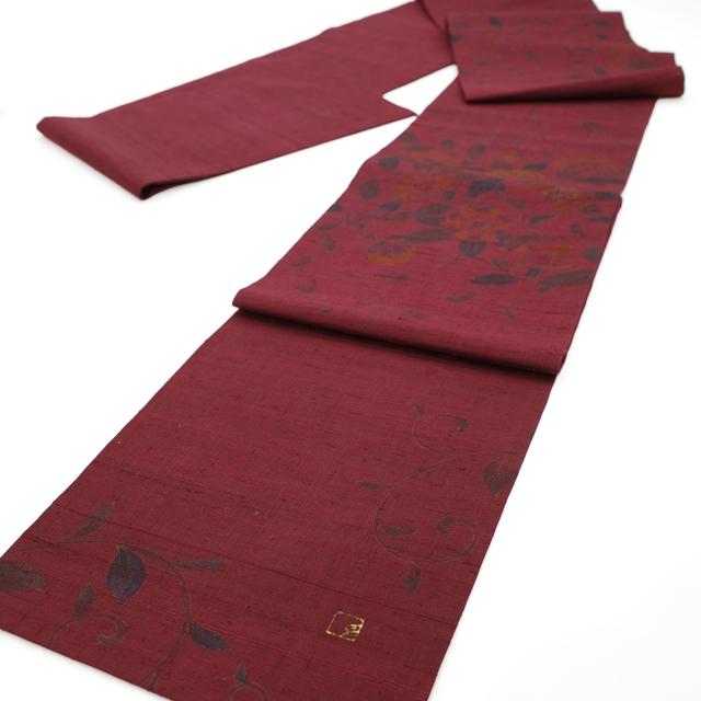 正絹 袋帯 太鼓柄 ます岩屋誂製 ムガシルク 濃淡 極上 逸品 美品 すごい値！ 袋帯 作家物 正絹 紬 ボルドー 手描き 唐花 お太鼓柄