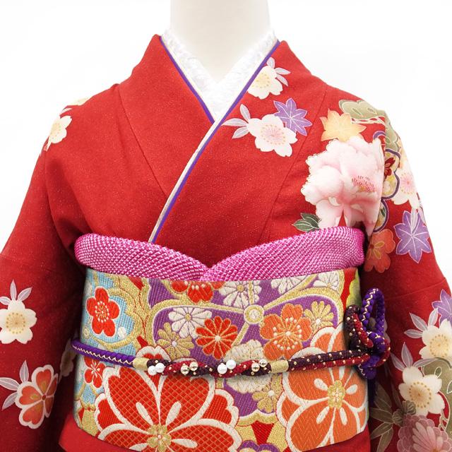 すごい値！ 袋帯 リサイクル 振袖用 フォーマル 京都 西陣 正絹 成人式 赤地 桜 梅 菊 七宝 金糸 中古 仕立て上がり みやがわ neb01371 すごい値！ 袋帯 リサイクル 振袖用 フォーマル 京都 西陣 正絹 成人式