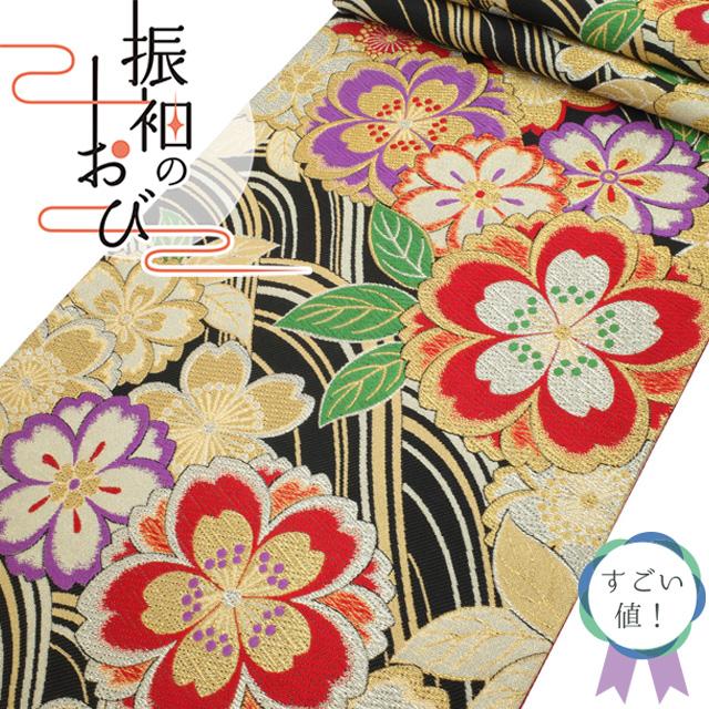 袋帯　正絹　刺繍　金糸銀糸　大正ロマン　レトロ　成人式　七五三　お宮参り　振袖 すごい値！袋帯 振袖用 京都 西陣 正絹 赤 金 紫 緑 桜 金糸 金箔糸 六