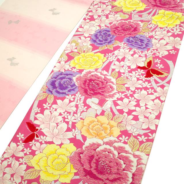 袋帯 正絹 振袖 豪華 薔薇尽し 西陣織 新品未使用品 京都西陣織「大光織物謹製」 美しい花模様 豪華な 銀色 振袖にも