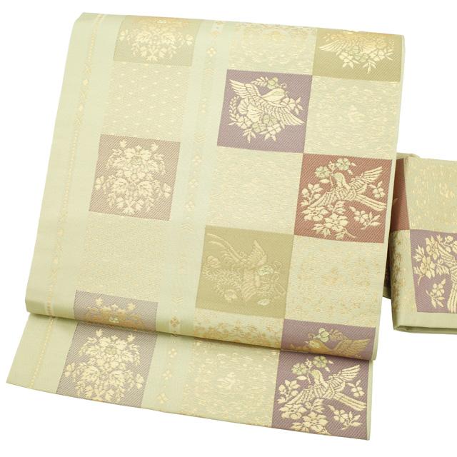 すごい値！ 名古屋帯 九寸 未使用 正絹 西陣 薄灰緑 花喰い鳥 草花