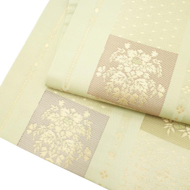 すごい値！ 名古屋帯 九寸 未使用 正絹 西陣 薄灰緑 花喰い鳥 草花