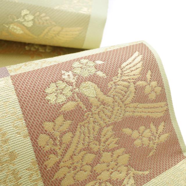 すごい値！ 名古屋帯 九寸 未使用 正絹 西陣 薄灰緑 花喰い鳥 草花