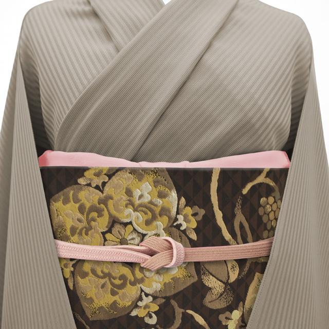 すごい値！ 袋帯 未使用 フォーマル 正絹 京都 西陣 こげ茶 花 葡萄唐草 金糸 美品 極上 春 秋 冬 新古品 仕立て上がり みやがわ neb01562_1