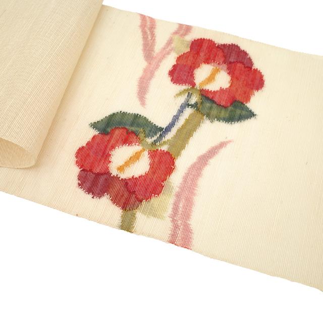 すごい値！ 夏物 名古屋帯 八寸 開き仕立て 未使用 正絹 薄ベージュ 花 織り柄 夏帯 夏 カジュアル 新古品 仕立て上がり みやがわ neb01637 すごい値！ 夏物 名古屋帯 八寸 開き仕立て 未使用 正絹 薄ベージュ 花