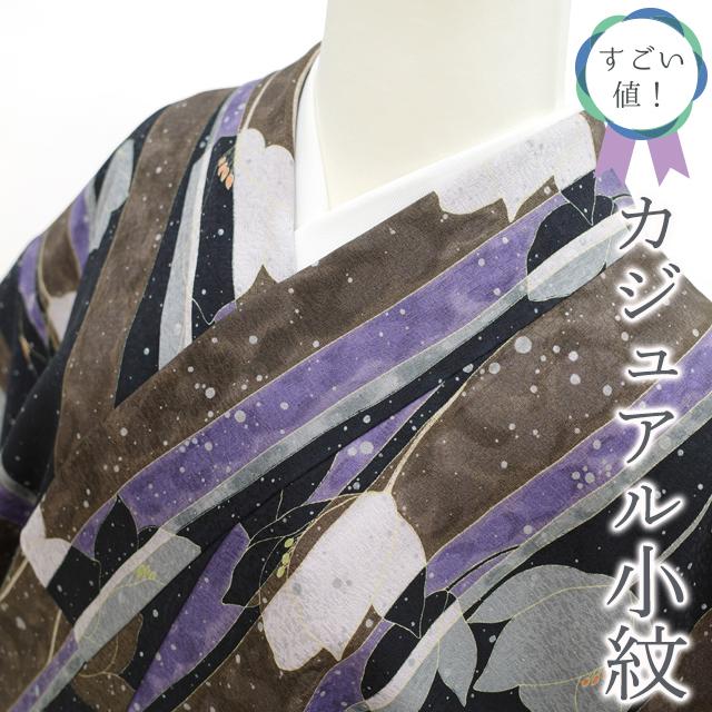 中古】夢屋 カジュアル小紋 花柄 紫 - 小紋