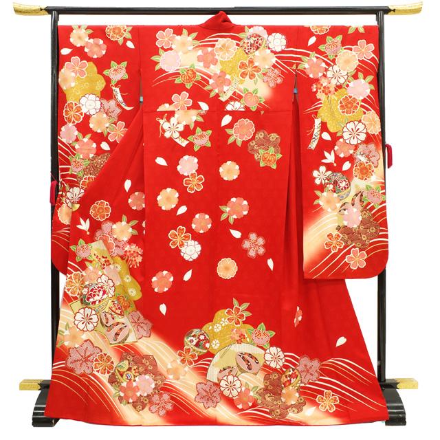 すごい値！ 振袖 リサイクル 袷 着物 正絹 朱色 桜 鞠 牡丹 金彩 20歳 成人式 中古 仕立て上がり 身丈175 裄70.5 ＴＬ みやがわ nek01357 すごい値！ 振袖 リサイクル 袷 着物 正絹 朱色 桜 鞠 牡丹 金彩 20歳