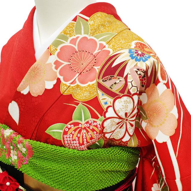 すごい値！ 振袖 リサイクル 袷 着物 正絹 朱色 桜 鞠 牡丹 金彩 20歳 成人式 中古 仕立て上がり 身丈175 裄70.5 ＴＬ みやがわ nek01357 すごい値！ 振袖 リサイクル 袷 着物 正絹 朱色 桜 鞠 牡丹 金彩 20歳