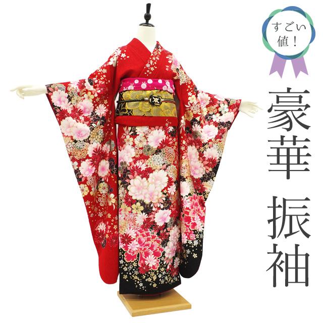 すごい値！ 振袖 リサイクル 袷 着物 正絹 赤 牡丹 桜 菊 花 金駒刺繍
