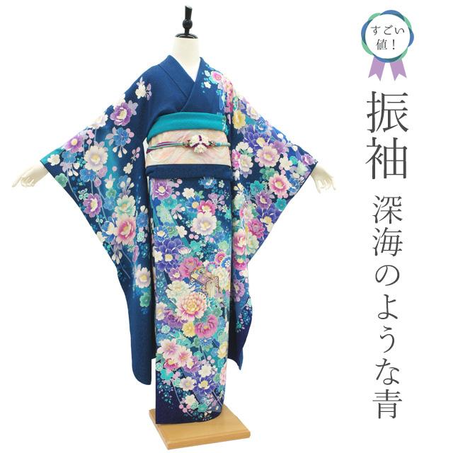 すごい値！ 振袖 リサイクル 袷 着物 正絹 濃青緑 牡丹 菊 桜 椿 百合