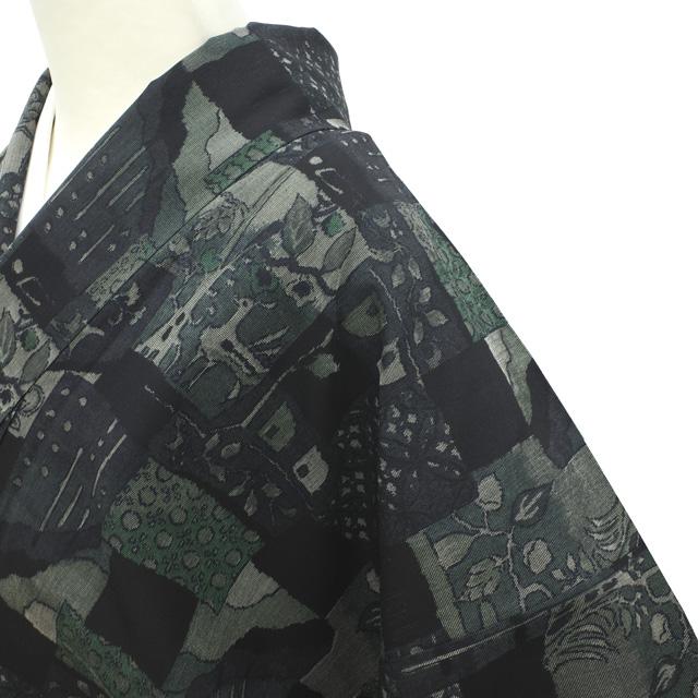 すごい値！ 紬 袷 着物 リサイクル 黒 緑 色紙 草花 動物 七宝 絣 先