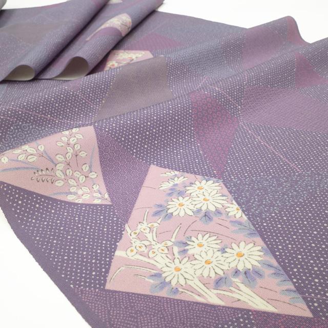 紫色の葉模様 小紋着物 すごい値！小紋 反物 着物 正絹 薄紫地 切りばめ風 江戸小紋柄