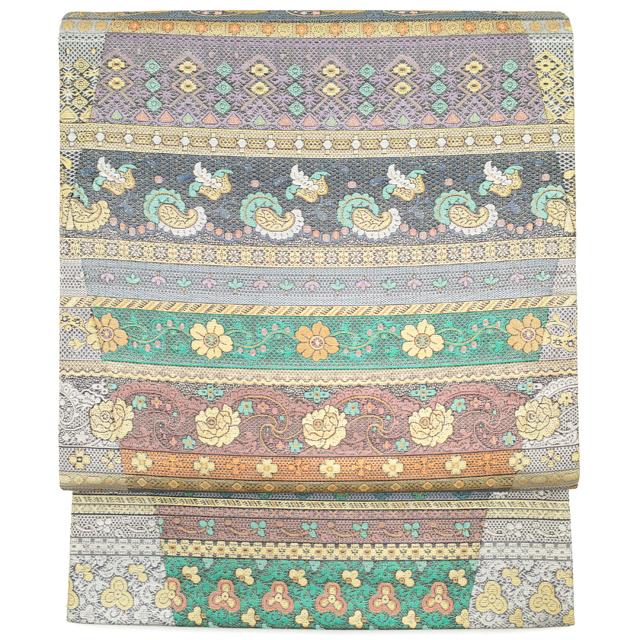 袋帯 手織り引箔 正倉院更紗文 縞模様 花模様 金糸 銀糸 正絹 特選 