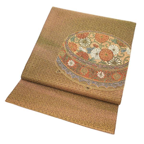 アンティークお買い得❗着物帯(袋帯) 半額／で￥14850→7425 袋帯 絽刺し 刺繍 金駒刺繍 金糸 正絹 ブロンズ