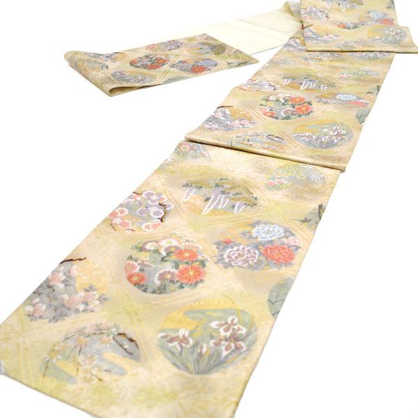 半額／で￥14850→7425 中古 袋帯 引箔 金箔糸 金糸 菊 牡丹 桜 藤 