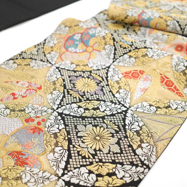 上質 新古品 袋帯 19800円均一 京都 西陣 金箔糸 金糸 黒 七宝繋ぎ 捻  