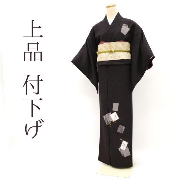 割引価格 仕立て上がり 中古 日本の絹 丹後ちりめん 蔦 桜 色紙重ね文 黒紫色 金彩加工 着物 付下げ 身丈157 5 Sb ｍサイズ 裄63 訪問着 付け下げ 安心はっ水加工 希望しない Dron Ma