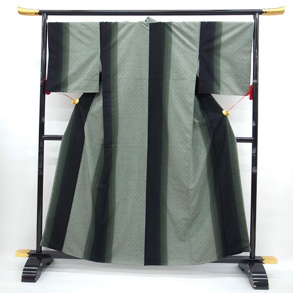 紬 袷 着物 縞 黒 緑 薄緑 そめの近江 正絹 カジュアル 販売 