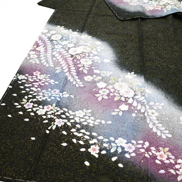 30%OFFで￥65780→46046 訪問着 着物 辻が花 絞り 黒地 黒 金通し 紫 