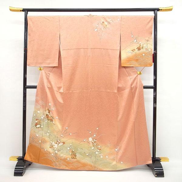 訪問着 着物 金彩加工 サーモンピンク 四季の花 波 古典柄 絹 