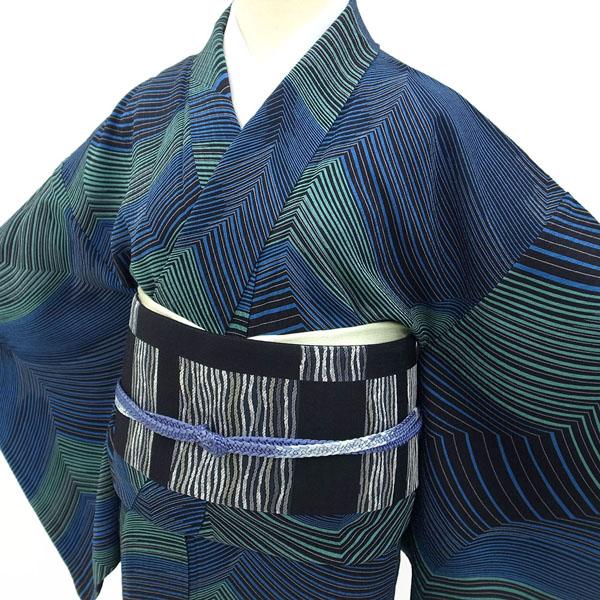 小紋 袷 着物 正絹 絹 千地泰弘 丹後ちりめん 日本の絹 縞 黒 青 緑 