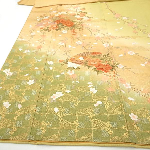 訪問着 着物 金駒刺繍 金彩加工 ぼかし染 地紋 桜 黄緑 黄ベージュ