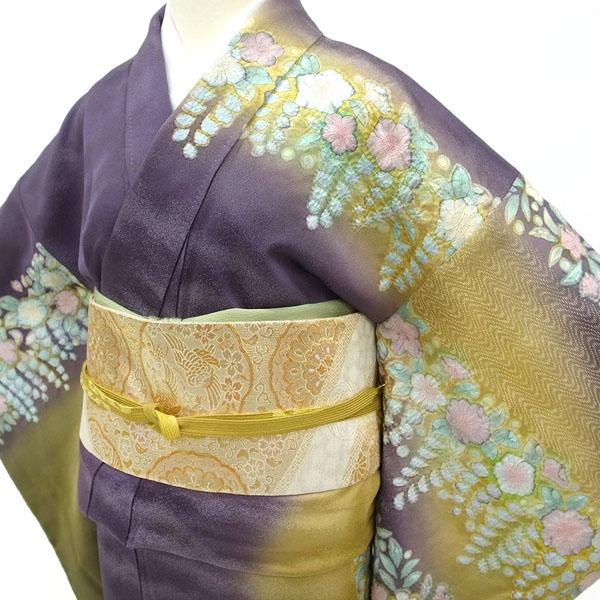訪問着 袷 着物 作家物 正絹 辻が花 絞り 銀通し 金彩加工 紫 梅幸茶 