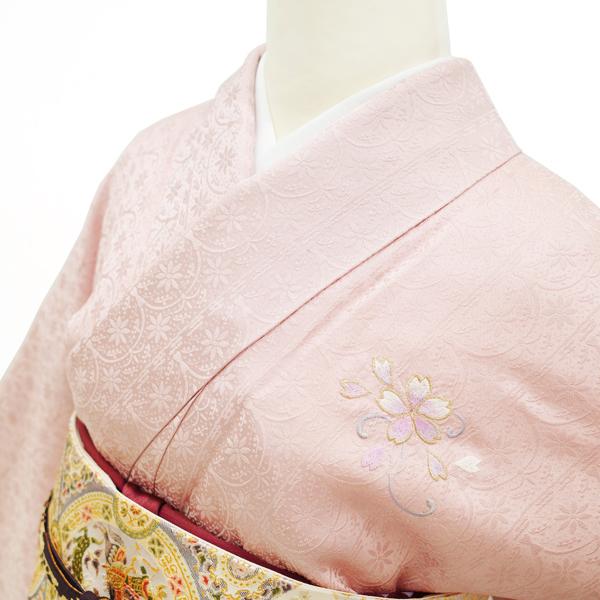 付下げ 袷 着物 金糸 刺繍 薄ピンク 桜 地紋 花更紗調 正絹 付下げ 袷 着物 金糸 刺繍 薄ピンク 桜 地紋 花更紗調 正絹