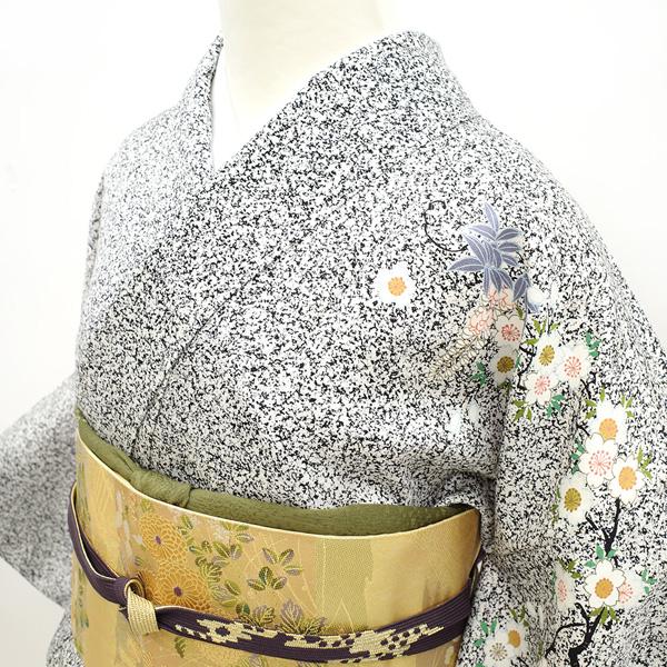 訪問着 袷 着物 手染め たたき染 白 黒 菊 萩 梅 桜 四季の花 フォーマル 新古品 仕立て上がり 身丈167 裄66.5 Ｌサイズ みやがわ  sb11665