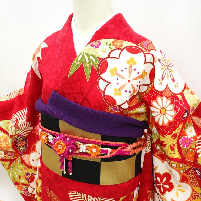 振袖 着物 金駒刺繍 金彩加工 赤 花 松竹梅 古典柄 成人式 二十歳 正絹