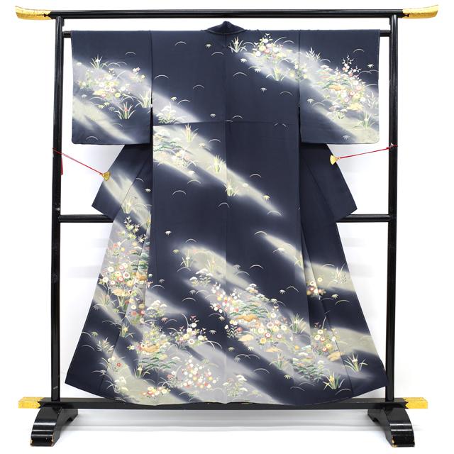 訪問着 袷 着物 手描き友禅 濃グレー 四季の花 正絹 フォーマル