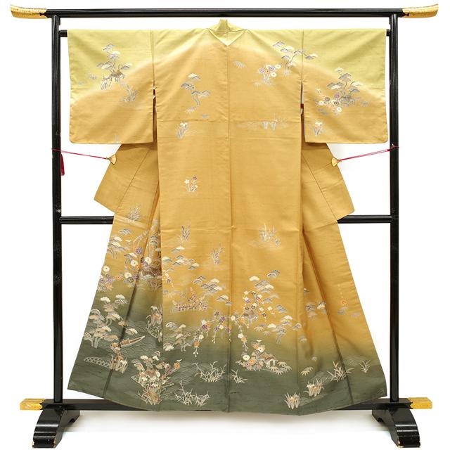 紬 着物 茶屋辻紬 作家物 伊織 グレーブルー 植物模様 袷 広衿 正絹 カジュアル 仕立て上がり 身丈161cm 【キモノオフ野々市若松店】 紬 着物 茶屋辻紬 作家物 伊織 グレーブルー 植物模様 袷 広衿 正絹