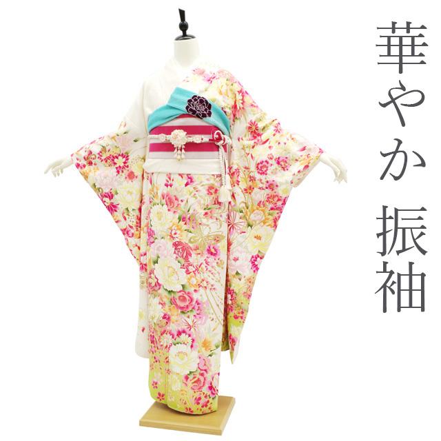振袖 着物 刺繍 金彩加工 オフホワイト地 黄緑 かわいい 花柄 成人式 二十歳 中古 仕立て上がり 身丈161 裄66 Ｍサイズ みやがわ sb12228 振袖 着物 刺繍 金彩加工 オフホワイト地 黄緑 かわいい 花柄 成人式