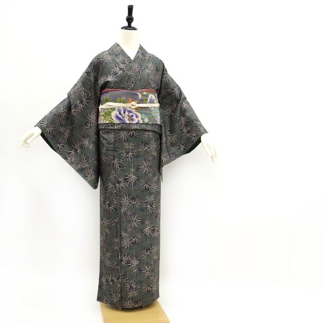 本場大島紬 袷 着物 ９マルキ カタス式 くすみグリーン 灰緑 茶色 紫
