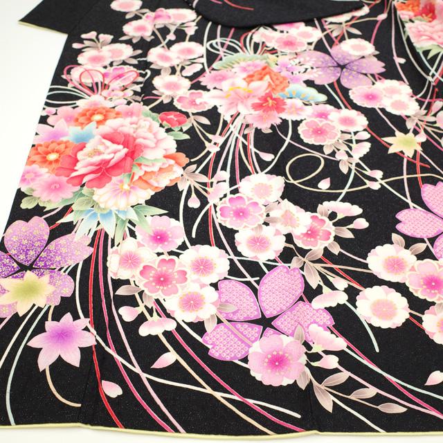 振袖 着物 金彩加工 金駒刺繍 黒地 黒 ピンク 薬玉 四季の花 成人式 二 