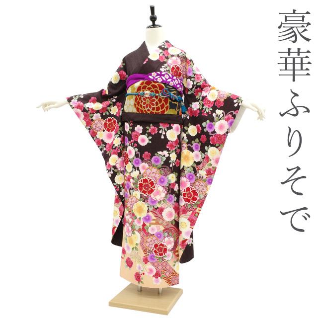 振袖 着物 ダークブラウン地 花古典 金彩加工 金駒刺繍 かわいい 中古 