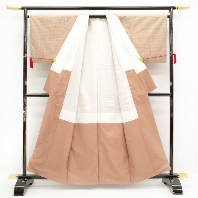 紬 袷 着物 極上 オレンジベージュ 多色 チェック 格子 先染め 紬 袷 着物 極上 オレンジベージュ 多色 チェック 格子 先染め