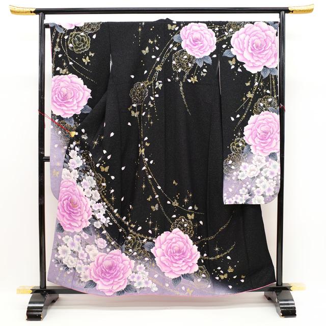 振袖 着物 金彩加工 黒 紫 ぼかし 薔薇 バラ 桜 チェーン 蝶 星 振袖 着物 金彩加工 黒 紫 ぼかし 薔薇 バラ 桜 チェーン 蝶 星