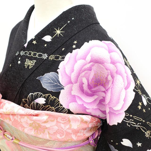振袖 着物 金彩加工 黒 紫 ぼかし 薔薇 バラ 桜 チェーン 蝶 星 振袖 着物 金彩加工 黒 紫 ぼかし 薔薇 バラ 桜 チェーン 蝶 星