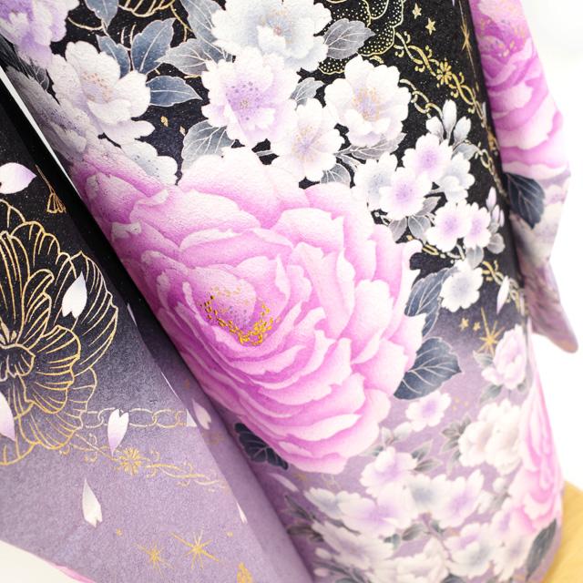 振袖 着物 金彩加工 黒 紫 ぼかし 薔薇 バラ 桜 チェーン 蝶 星 振袖 着物 金彩加工 黒 紫 ぼかし 薔薇 バラ 桜 チェーン 蝶 星