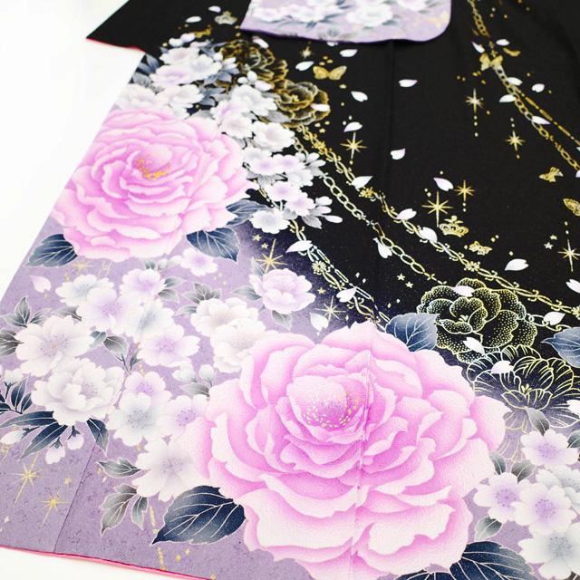 振袖 着物 金彩加工 黒 紫 ぼかし 薔薇 バラ 桜 チェーン 蝶 星 振袖 着物 金彩加工 黒 紫 ぼかし 薔薇 バラ 桜 チェーン 蝶 星