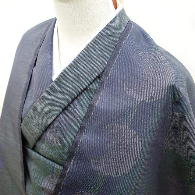 本場大島紬 着物 着尺 反物 横双 織絣 窪田織物 濃グレー ブルー